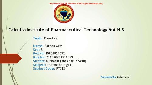 (Diuretics), PPT  5th Semester B.Pharmacy Assignments,BP503T Pharmacology II,Pharmacology,DIURETIC,
