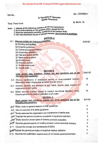 Quality Assurance, Jan 2024 UHSR 6th Semester B.Pharmacy Previous Year's Question Paper,BP606T Quality Assurance,Quality Assurance,PGIMS Question Paper,University of Health Sciences Rohtak (UHSR),2024,Imp question for 6th sem,B pharmacy 6th sem,
