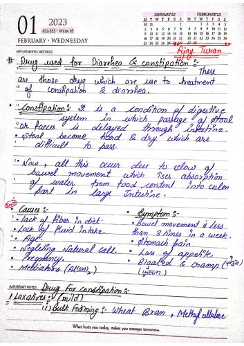 Drugs for Constipation and Diarrhoea 6th Semester B.Pharmacy Lecture Notes,BP602T Pharmacology III,Hand written notes,Important notes,2024,# pharmacy,6th sem notes,B pharmacy 6th sem,Pharmacology 6th sem,