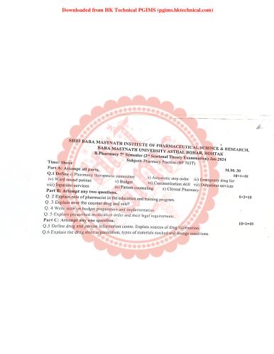 Pharmacy practice sessional 7th Semester B.Pharmacy Previous Year's Question Paper,BP703T Pharmacy Practice,Baba Mastnath University (BMU),Sessional exam BMU,