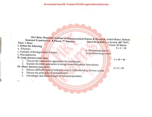 NDDS SESSIONAL 7th Semester B.Pharmacy Previous Year's Question Paper,BP704T Novel Drug Delivery System,Baba Mastnath University (BMU),Sessional exam BMU,