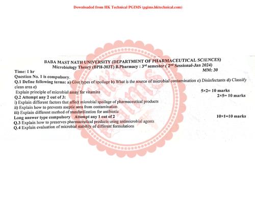 MICRO SESSIONAL 3rd Semester B.Pharmacy Previous Year's Question Paper,BP303T Pharmaceutical Microbiology,Baba Mastnath University (BMU),Sessional exam BMU,