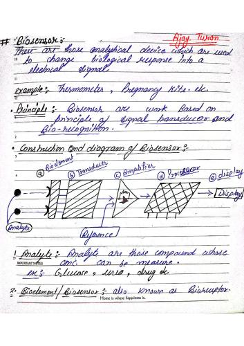 Biosensor working and its application 6th Semester B.Pharmacy Lecture Notes,BP605T Pharmaceutical Biotechnology,Pharmaceutical Biotechnology,Hand written notes,Handwriting notes,Biotechnology,Hk technical,6th sem notes,B pharmacy 6th sem,Ajay Turan,
