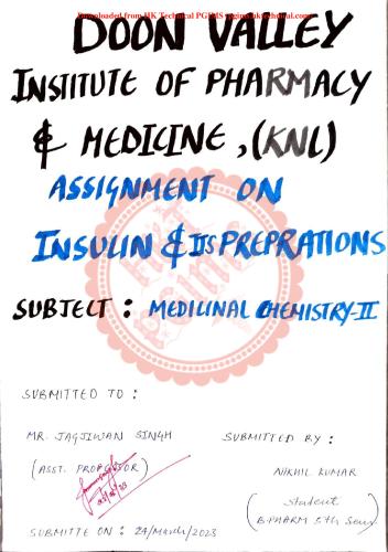 insulin and preparations 4th Semester B.Pharmacy Assignments,BP402T Medicinal Chemistry I,