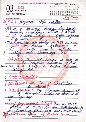 Polymer chain reaction (PCR) 6th Semester B.Pharmacy Lecture Notes,BP605T Pharmaceutical Biotechnology,Handwritten Notes,Pharmaceutical Biotechnology,Handwriting notes,Hk technical,6th sem notes,B pharmacy 6th sem,Ajay Turan,Biotechnology Unit =2,PCR,