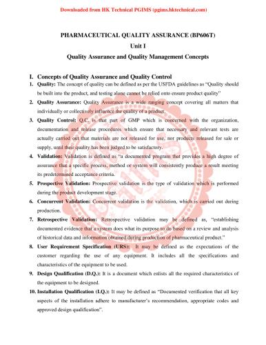 Unit I BP 606 Quality Assurance and Quality Management Concepts 6th Semester B.Pharmacy Lecture Notes,BP606T Quality Assurance,Quality Assurance,Concepts of Quality Assurance,Quality Control,Good Manufacturing Practices,Total Quality Management,Elements of TQM,ICH Guidelines,Quality by Design,ISO Guidelines,