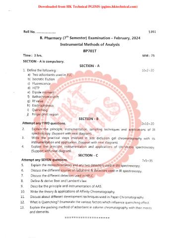 ima 7th Semester B.Pharmacy Previous Year's Question Paper,BP701T Instrumental Methods of Analysis,Baba Mastnath University (BMU),