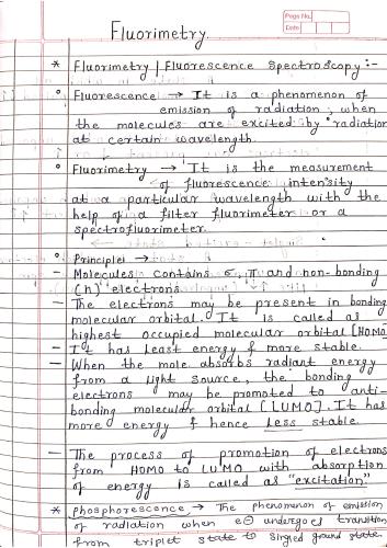 Fluorimetry Complete Chapter notes handwritten 7th Semester B.Pharmacy Lecture Notes,BP701T Instrumental Methods of Analysis,Instrumental Method of Analysis,Handwritten notes,Easy language,pharmacy,Fluorimetry,
