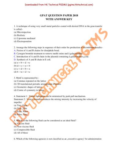 GPAT Question Paper with Answer Key 2018  Graduate Pharmacy Aptitude Test (GPAT) Previous Year's Question Paper,GRADUATE PHARMACY APTITUDE TEST (GPAT),BPharmacy,Previous Year's Question Papers,PGIMS Question Paper,GPAT,Entrance Exam,